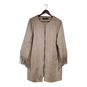 Zara Faux Suede Fringe Sleeve Jacket Womens Sz XL Full Zip Western Beige/Tan